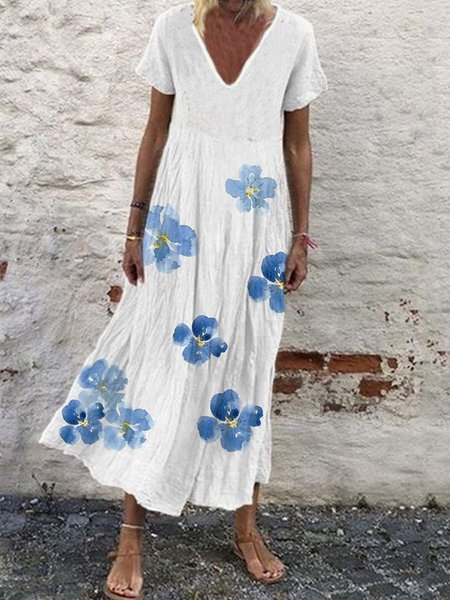 

Vacation Ruched Floral Short Sleeve Woven Dress, White, Maxi Dresses