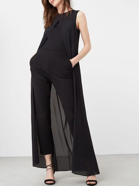 

Crew Neck Plain Regular Fit Plain Jumpsuit, Black, Jumpsuits