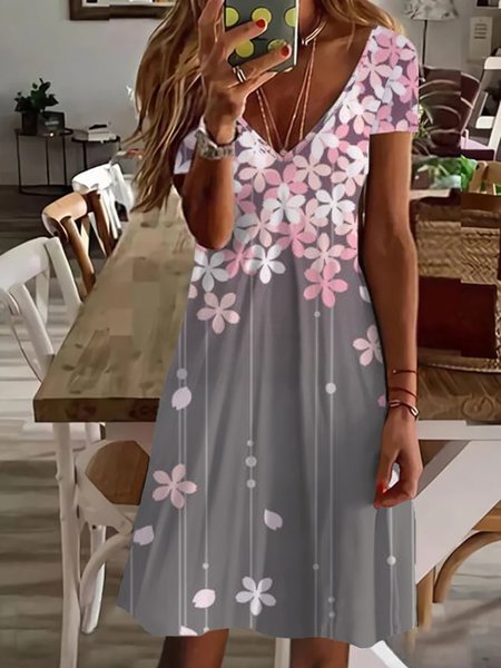 

Casual Floral Short Sleeve V Neck Plus Size Printed Dress, Pink, Mini Dresses