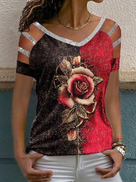 

Casual V Neck Loosen Floral Short Sleeve T-Shirt, Red, T-Shirts