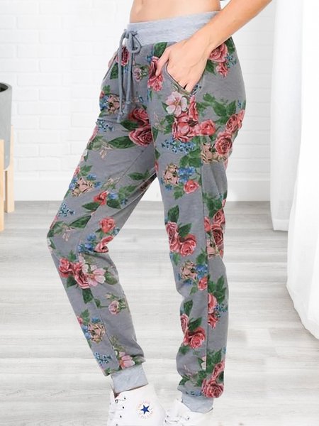 

Casual Floral Printed Elastic Waist Pocket Joggers Pants, Deep gray, Pants