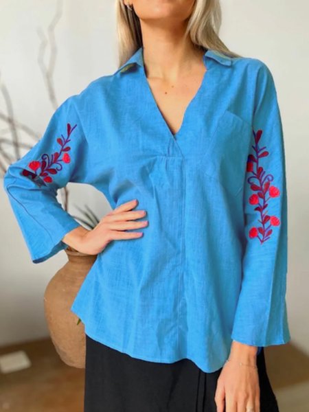 

Casual Embroidered Embroidered Long Sleeve Tops, Blue, Shirts & Blouses