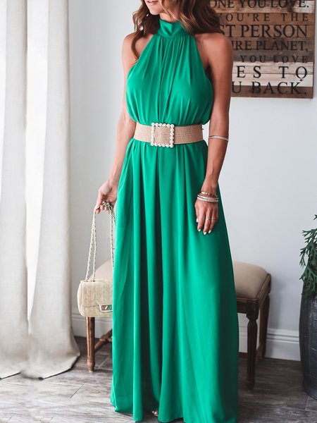 

Vacation Sleeveless Halter Solid Pockets Dress, Green, Maxi Dresses