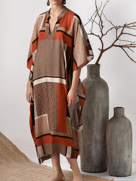 

Notched Geometric Loosen Short Sleeve Woven Dress, Multicolor, Dresses