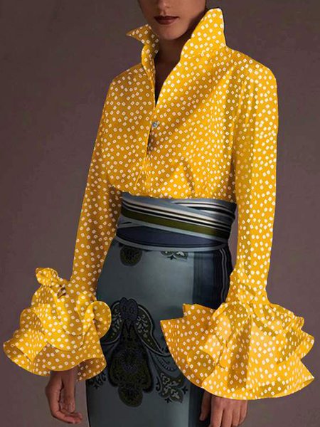 

Shirt Collar Elegant Regular Fit Long Sleeve Blouse, Yellow, Blouses and Shirts