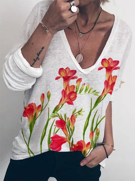 

Cotton Floral V Neck Short Sleeve Tops, White, T-Shirts
