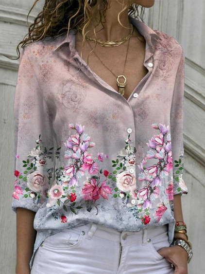 

Floral Shirt Collar Long Sleeve Blouse, As picture, Blouses & Shirts