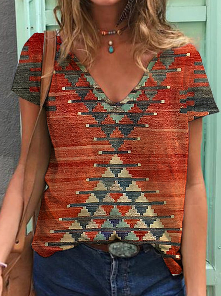 

Vacation V Neck Tribal Regular Fit Short Sleeve T-Shirt, Multicolor, T-Shirts