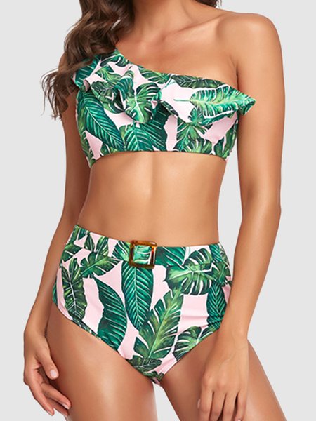 

Ladies Sexy Ruffled Sloping Shoulder Bikini Plus Size, Green, Swimwear