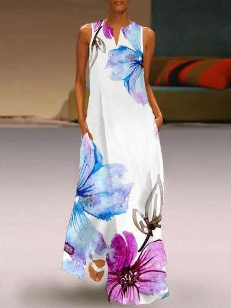 

Floral Pockets Round Neck Casual Sleeveless Maxi Dresses, White, Maxi Dresses