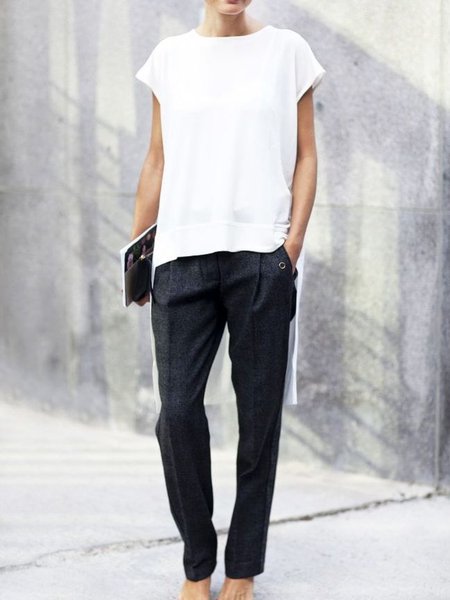 

Summer Crew Neck Lightweight Plain Loosen Simple Short Sleeve Daily Tops, White, Tops