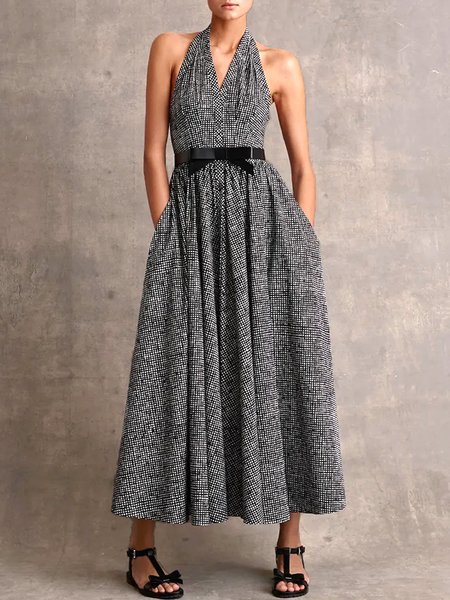 

Elegant Halter Regular Fit Sleeveless Woven Daily Dress, Black, Midi Dresses