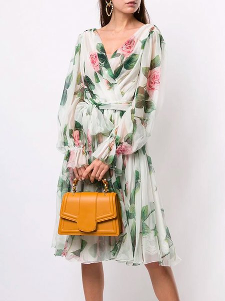 

Elegant Floral Long Sleeve Midi Dress, Green, Midi Dresses