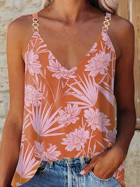 

Spaghetti Loosen Floral Knit Tank, Orange, Tank Top