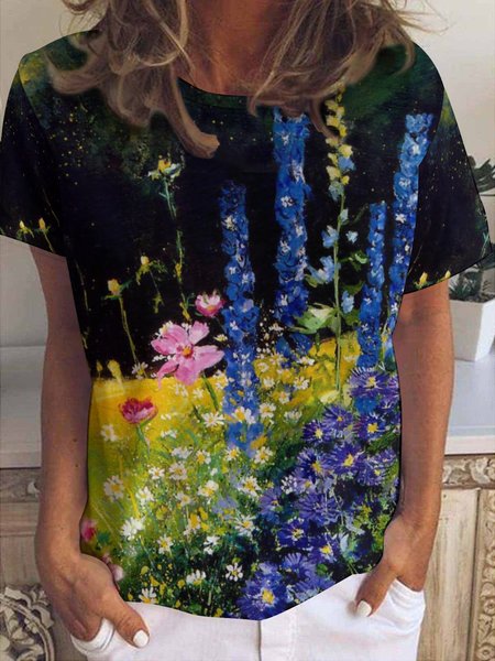 

Casual Simple Floral Print Crew Neck Short Sleeve T-Shirt, As picture, T-shirts