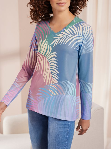 

Regular Fit Casual V Neck Long Sleeve Tops, Blue, Tunics