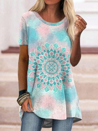 

Mandala Casual Loosen Crew Neck Short Sleeve Tops, Multicolor, T-Shirts