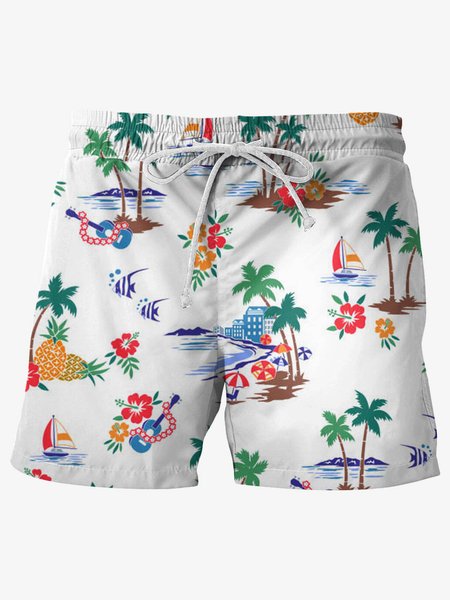 

Hawaiian Graphic Men's Casual Beach Shorts, White, Men's shorts