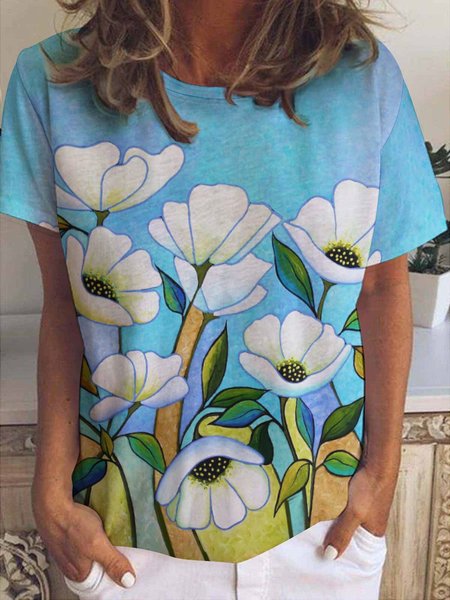 

Casual Simple Floral Print Crew Neck Short Sleeve T-Shirt, As picture, T-shirts