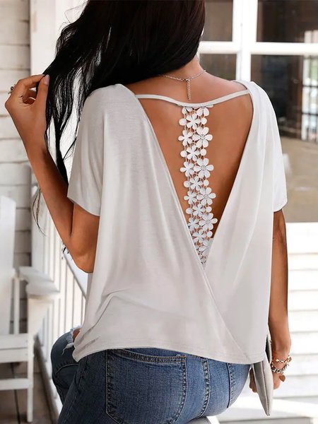 

Casual Loosen Crew Neck Short Sleeve Top, White, Tops