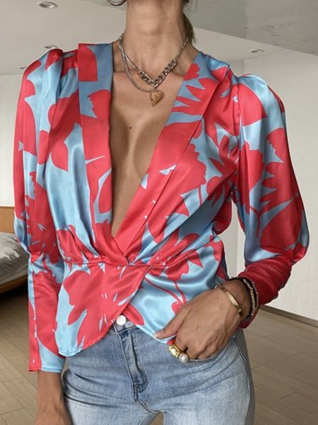 

Floral V Neck Regular Fit Long Sleeve Top, Blue, Tops