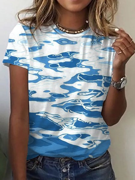 

Loosen Painted Crew Neck Short Sleeve T-Shirt, Blue, T-Shirts