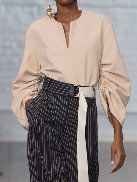 

Simple Notched Long Sleeve Work Top, Nudepink, Tops