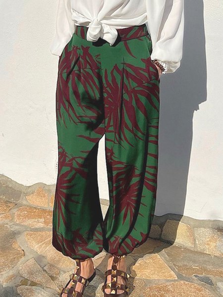 

Daily Mid Waist Leaves Regular Fit Pants, Green, Wide Leg Pants