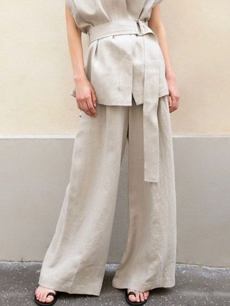 

Plain Loosen Simple Wide Leg Work Pants, White-gray, Wide Leg Pants