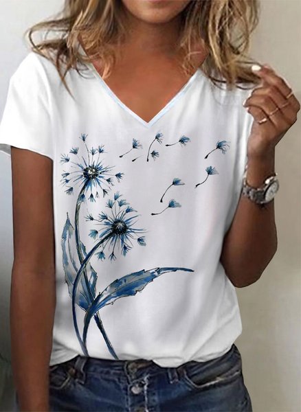 Vacation Dandelion Floral Printed Casual Loosen V Neck Short Sleeve T Shirt