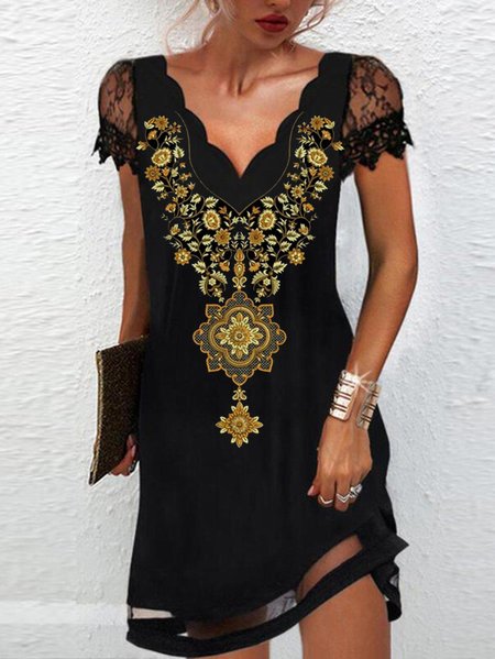 

Casual Short Sleeve Guipure Tribal Knit Dress, Black, Dresses