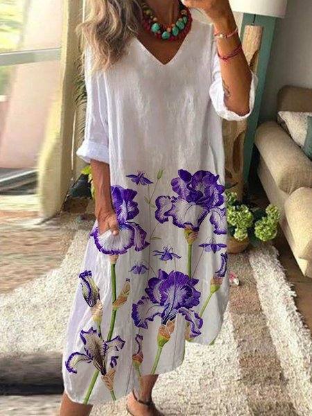 

Loosen Long Sleeve Woven Dress, White, Floral Dresses