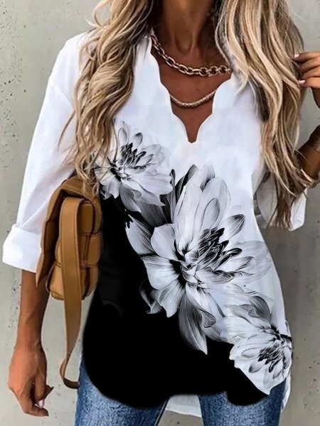 

Casual Loosen V Neck Floral Long Sleeve Tops, Black, Tops