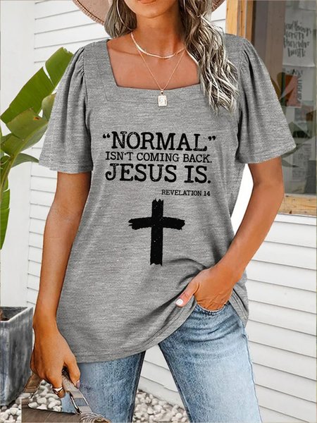 

Square Neck Letter Short Sleeve Plus Size Casual T-Shirt, Gray, T-Shirts