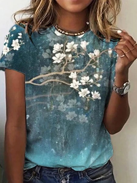 

Casual Floral Round Neck Short Sleeve Loosen T-Shirt, As picture, T-Shirts