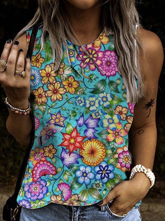 

Floral Casual Regular Fit Knit Tank, Multicolor, Tanks & Camis