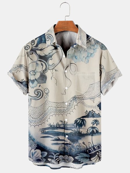 

Mens Vintage Print Casual Short Sleeve Shirt Hawaiian Top, As picture, Men's Floral shirt