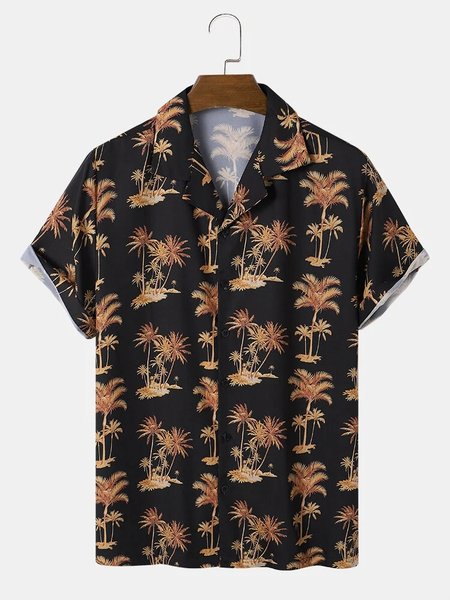 

Cotton Linen Style Botanical Floral Coconut Tree Print Lapel Cozy Linen Shirt, As picture, Shirts ＆ Blouse