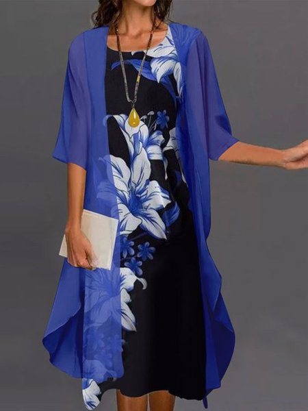 

Casual Floral Crew Neck Sleeveless Two Piece Sets, Blue, Midi Dresses