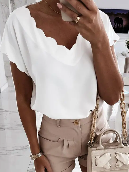 

V Neck Casual Loosen Short Sleeve Tops, White, Tops