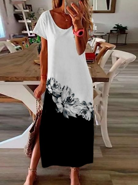 

Casual Floral Short Sleeve U-neck Loosen Knit Dress, Black, Midi Dresses