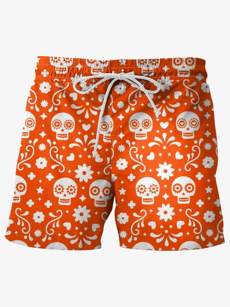 

Mexican Skull Graphic Men's Casual Beach Shorts, Orange, Men's shorts
