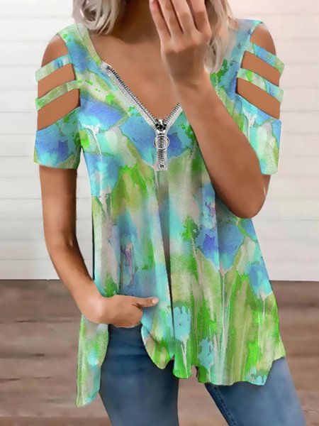 

Casual Abstract Gradient Print V-Neck Short Sleeve Top, As picture, Blouses