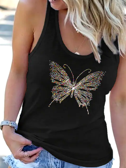 

Butterfly hot diamond pattern casual vacation vest Loosen Knit Tank, Black, Tanks & Camis