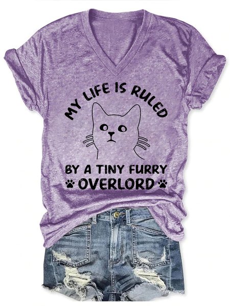 

My Life is Ruled by a Tiny Furry Overlord Letter V Neck Regular Fit Short Sleeve T-Shirt, Purple, T-shirts