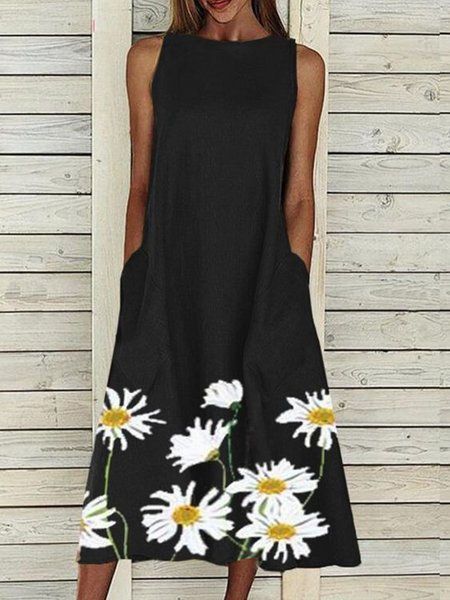 

Casual Floral Crew Neck Sleeveless Woven Dresses, Black, Midi Dresses