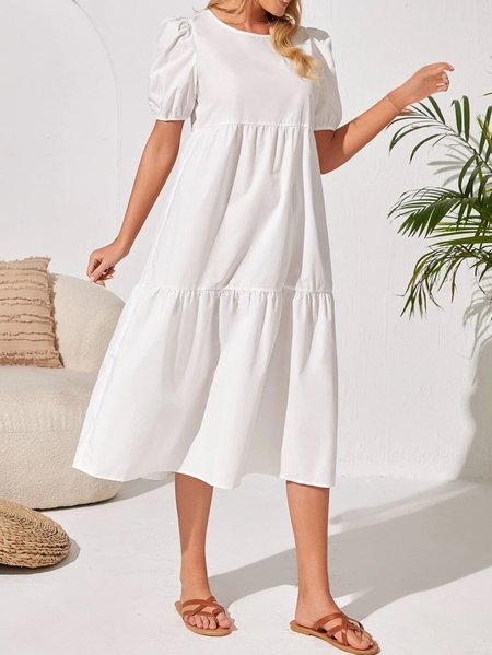 

Crew Neck Solid Casual Short Sleeve Woven Dress, White, Dresses