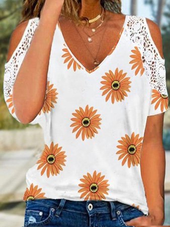 

Floral Crew Neck Lace Short Sleeve Tops, White, Shirts & Blouses