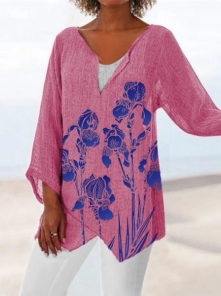 

Boho Linen Loosen Long Sleeve Tops, Rose red, T-Shirts