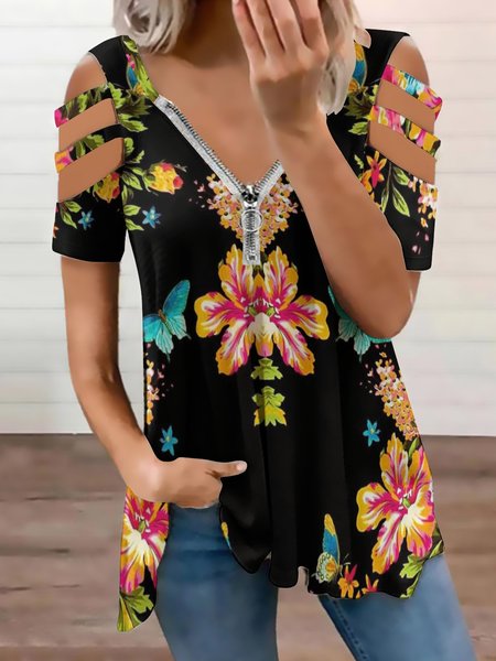 

Floral Butterfly Print Casual Short Sleeve Tops, As picture, Blouses